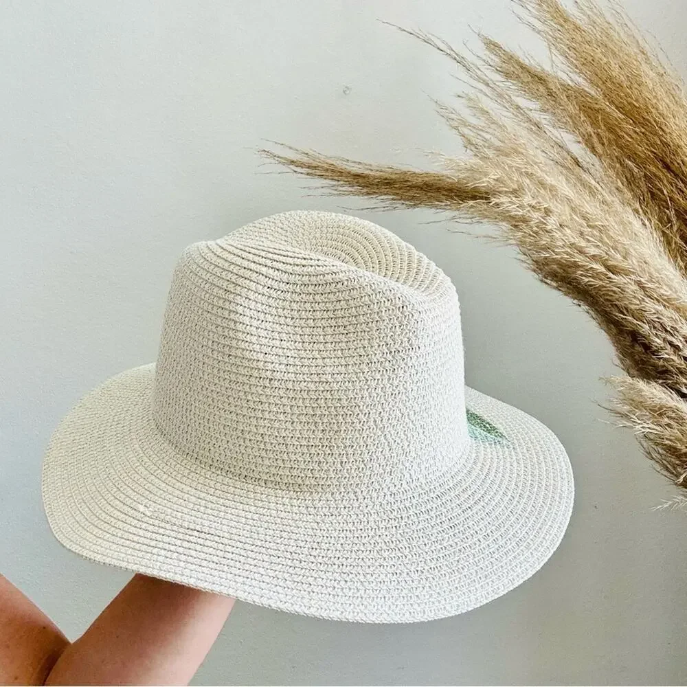 VINTAGE NORDSTROM Cream Tan Straw Wide Visor Brim Green Peacock Fedora Sun Hat